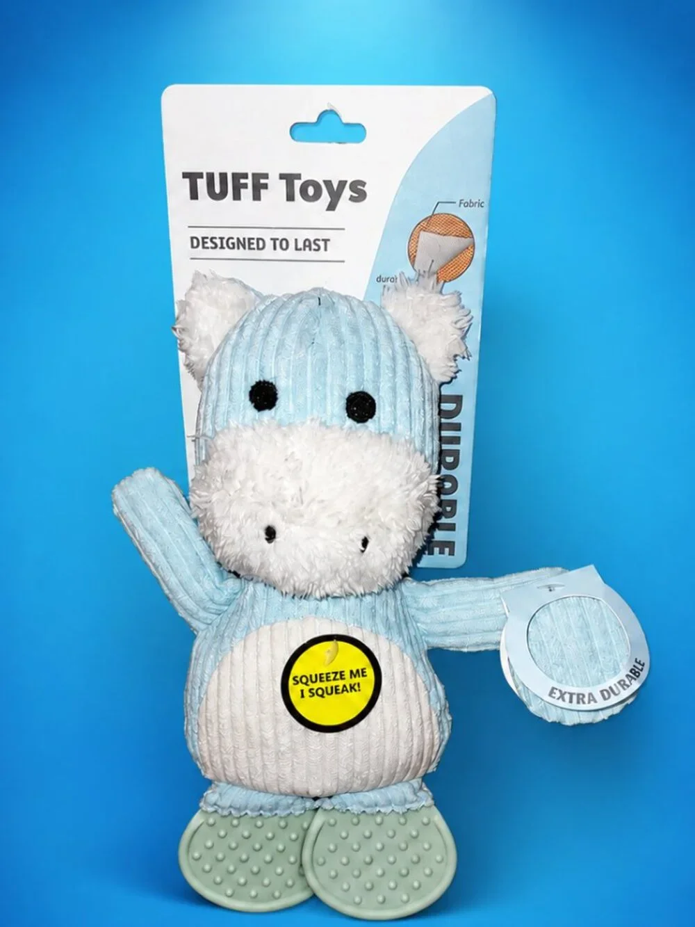TUFF Toys Blue Hippo Plush Squeaky Dog Toy Extra Durable Reinforced Seams